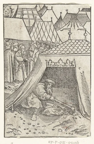 Achan begraaft mantel en geld in grond onder zijn tent by Lucas Cranach, print, 1528-1554