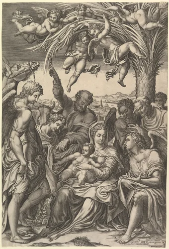Rest on the Flight into Egypt; the Holy Family under a palm tree surrounded by angels, putti, and a male cleric or saint by Giorgio Ghisi, print, 1578