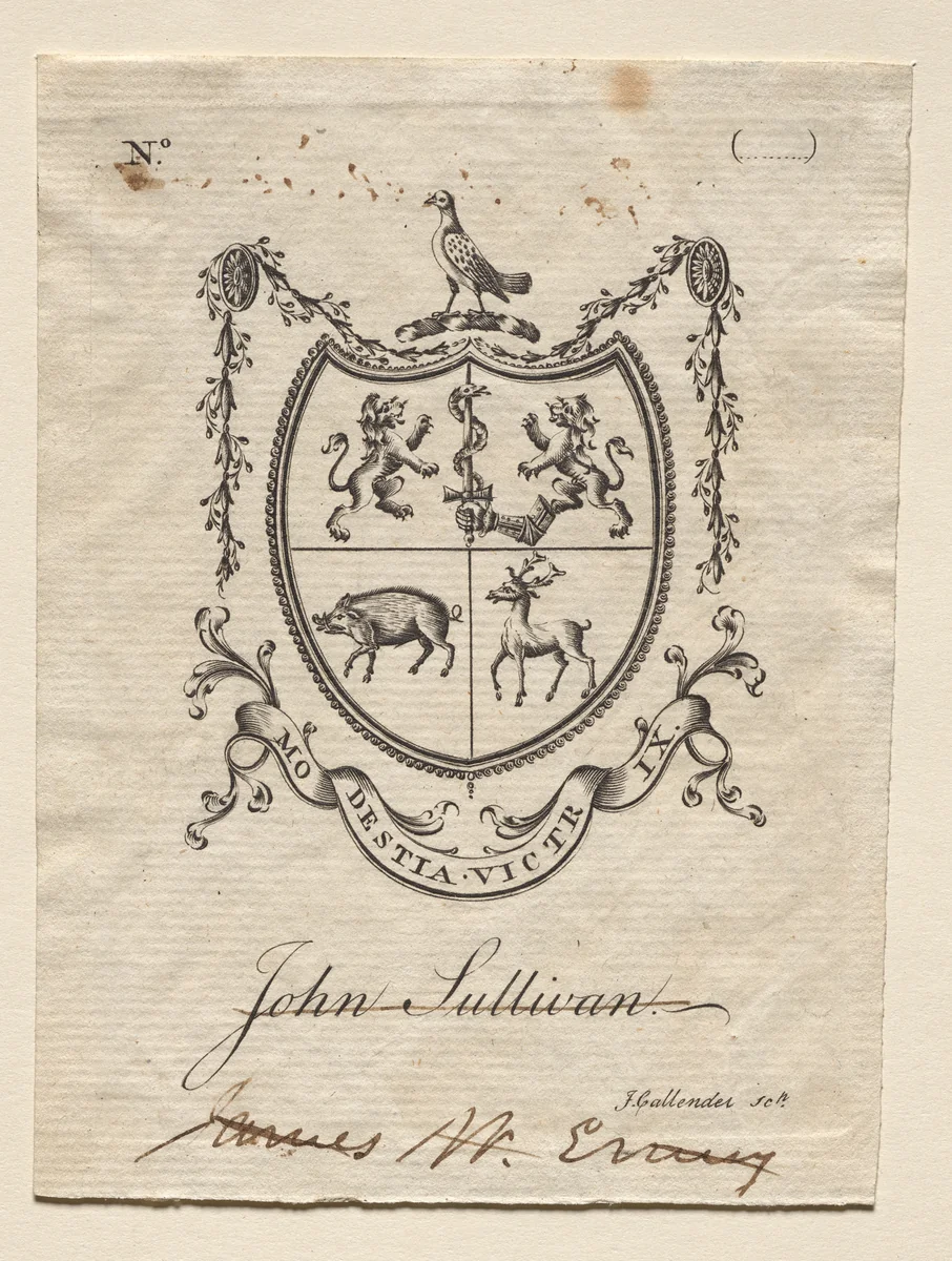 Bookplate: Coat of Arms with John Sullivan inscribed below by Joseph Callender, print