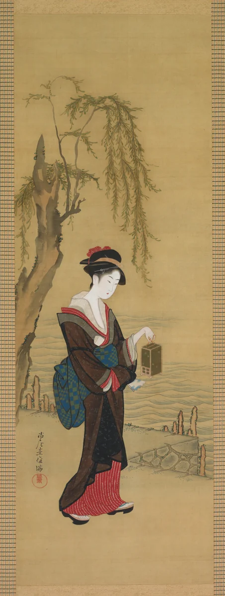 Beauty with Fireflies by Kubo Shunman (窪俊満), painting, 1800-1825