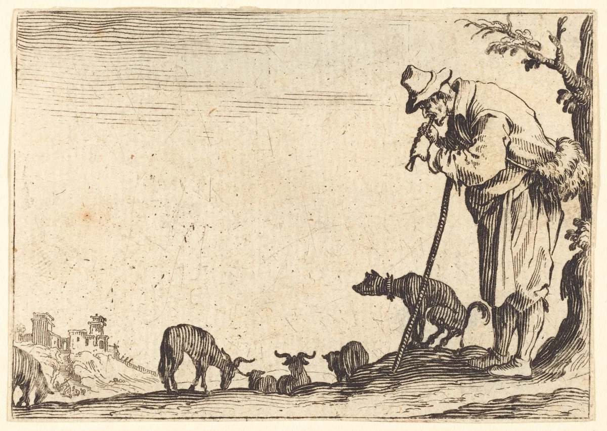 Shepherd Playing Flute by Jacques Callot, print, 1622