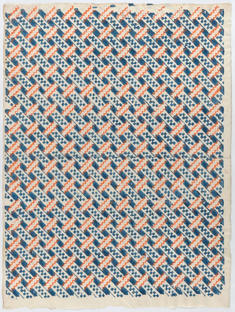 Sheet with overall orange and blue geometric pattern by anonymous, print, 1775-1875