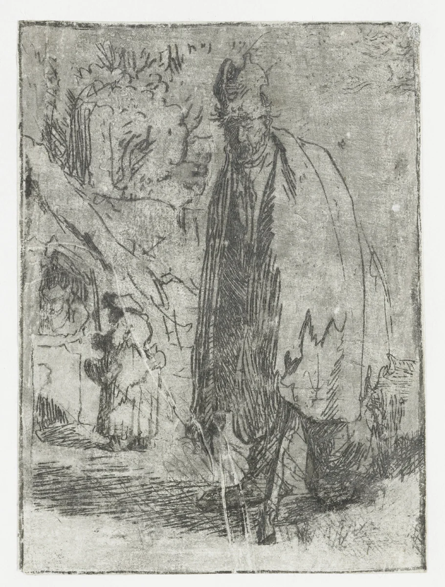 Bedelaar met op de achtergrond een huisje en twee figuren by Rembrandt van Rijn, print, 1629