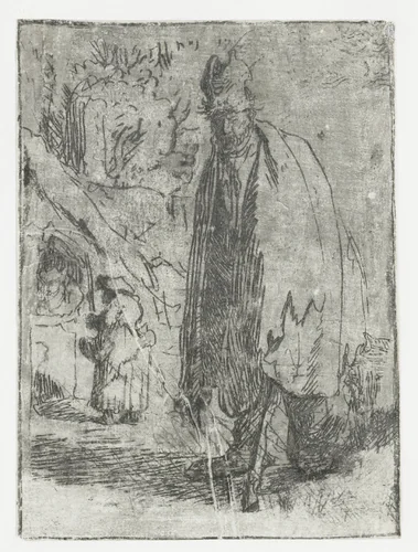 Bedelaar met op de achtergrond een huisje en twee figuren by Rembrandt van Rijn, print, 1629