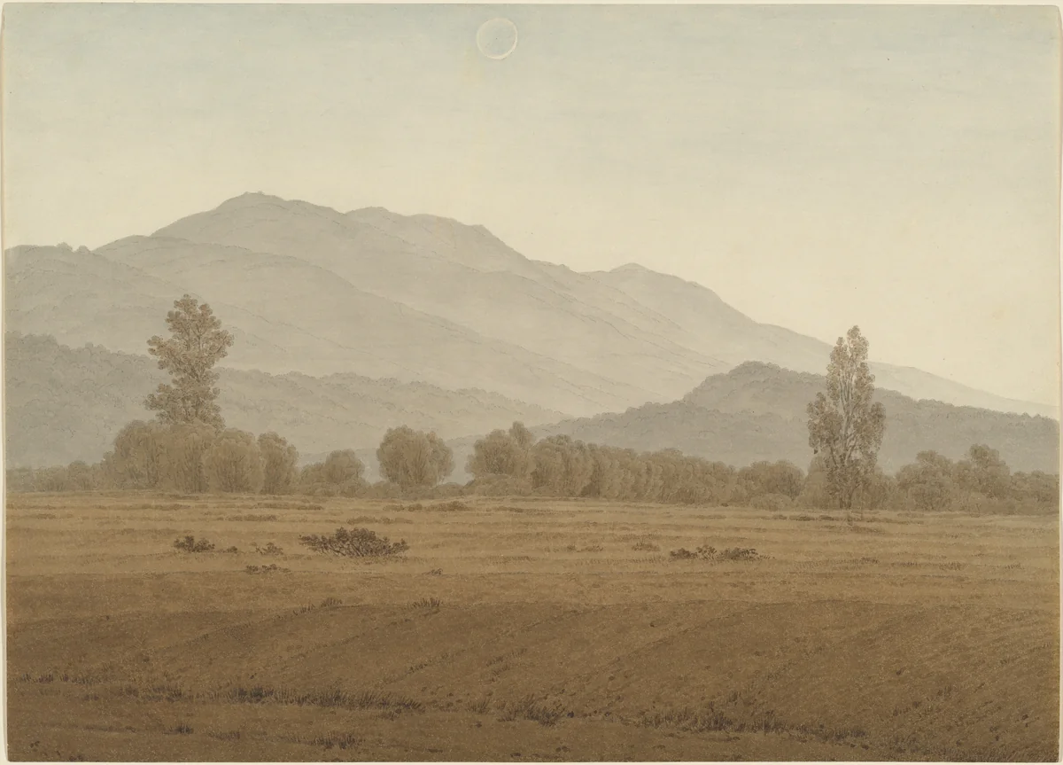 New Moon or Solar Eclipse above the Riesengebirge Mountains by Caspar David Friedrich, drawing, 1810