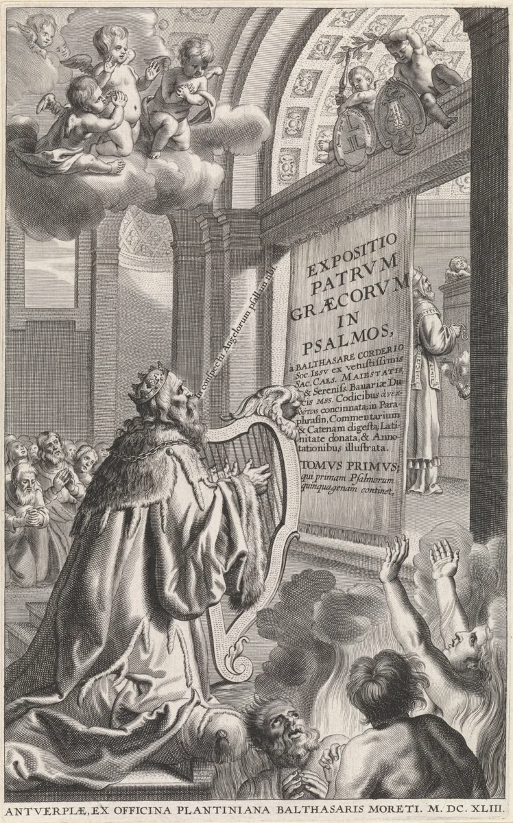 Koning David, spelend op harp by Pieter de Jode, print, 1643