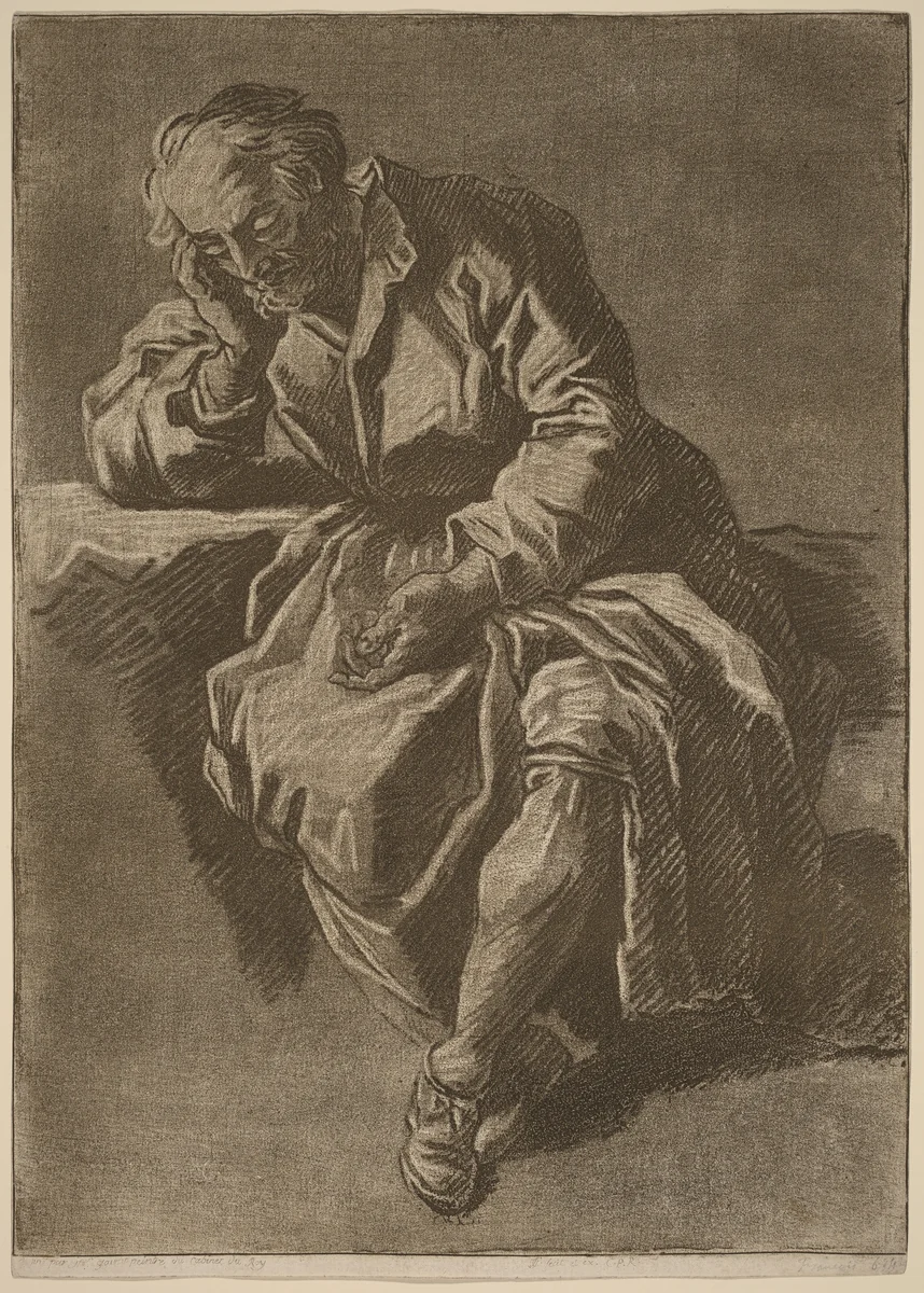 A Seated Elderly Man Asleep by Jean-Charles François; Nicholas Henry Jeaurat de Bertry, print, 1753-1763