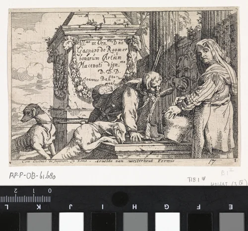 Jager drinkt uit fontein by Jan Baptist de Wael, print, 1692-1725