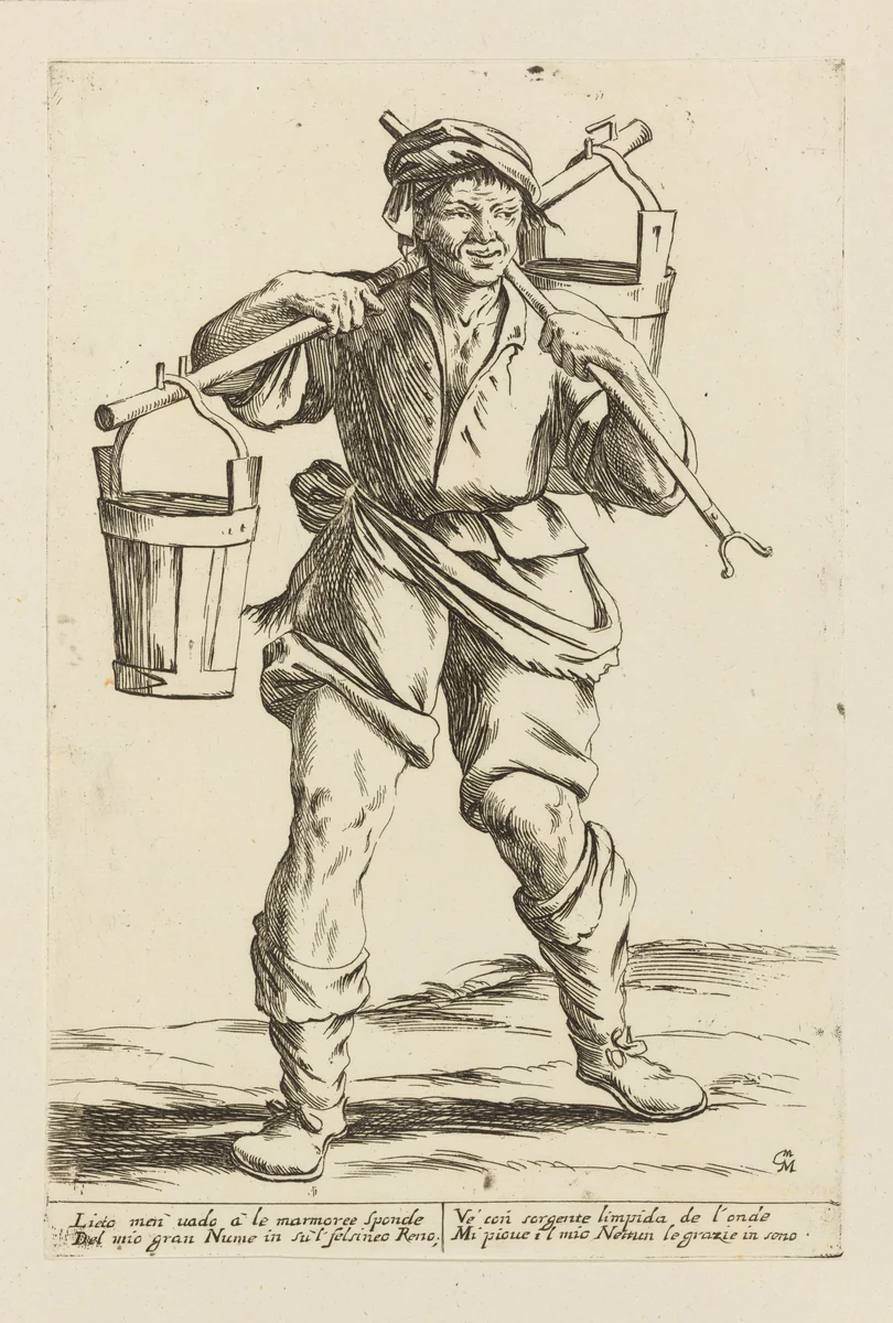 Water Carrier, from Di Bologna l'Arti per via D'An.ibal' Ca.rac, plate 23 by Giuseppe Maria Mitelli, print, 1660