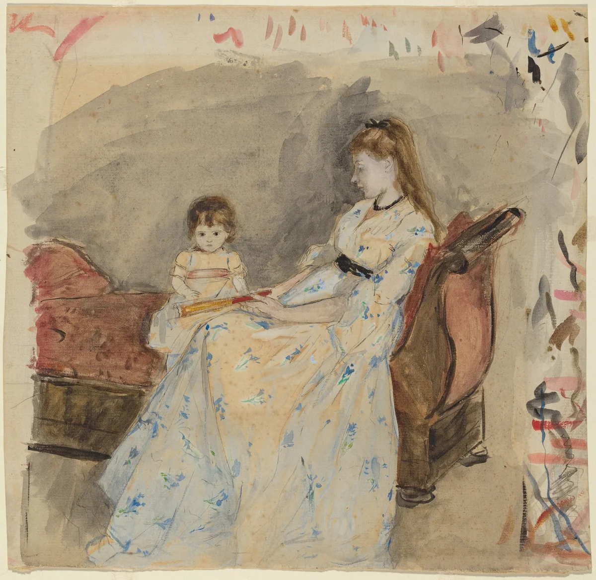 The Artist's Sister, Edma, with Her Daughter, Jeanne by Berthe Morisot, drawing, 1872