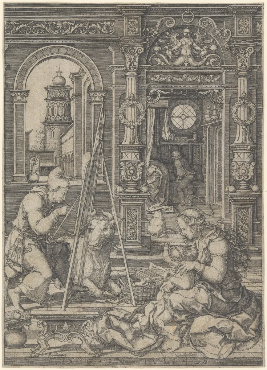 Saint Luke Painting the Virgin by Dirck Vellert, print, 1526