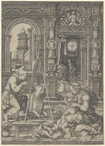 Saint Luke Painting the Virgin by Dirck Vellert, print, 1526