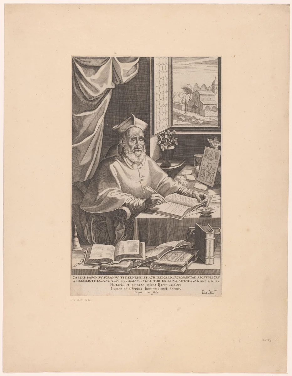 Portret van Caesar Baronius in zijn studeerkamer by Unknown, print, 1564-1654