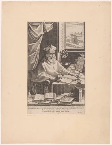 Portret van Caesar Baronius in zijn studeerkamer by Unknown, print, 1564-1654