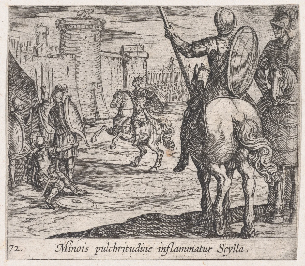 Plate 72: Scylla Watching Minos from the Castle Walls (Minois pulchritudine inflammatur Scylla), from Ovid's 'Metamorphoses' by Antonio Tempesta, print, 1606
