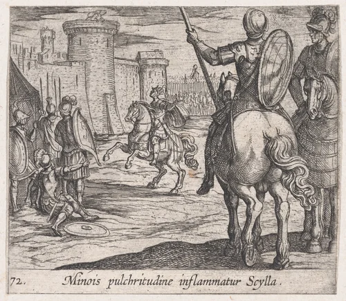 Plate 72: Scylla Watching Minos from the Castle Walls (Minois pulchritudine inflammatur Scylla), from Ovid's 'Metamorphoses' by Antonio Tempesta, print, 1606