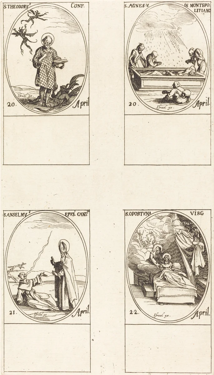 St. Theodorus; St. Agnes of Monte Pulciano; St. Anselme, Archbishop of Canterbury; St. Opportuna and Virgin by Jacques Callot, print, 1627-1637