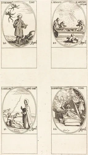 St. Theodorus; St. Agnes of Monte Pulciano; St. Anselme, Archbishop of Canterbury; St. Opportuna and Virgin by Jacques Callot, print, 1627-1637