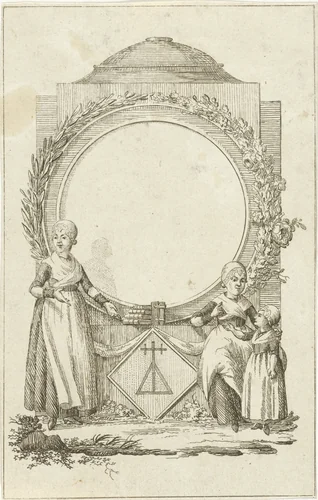 Vignet met vrouwen en meisje bij medaillon by Rienk Jelgerhuis, print, 1744-1806
