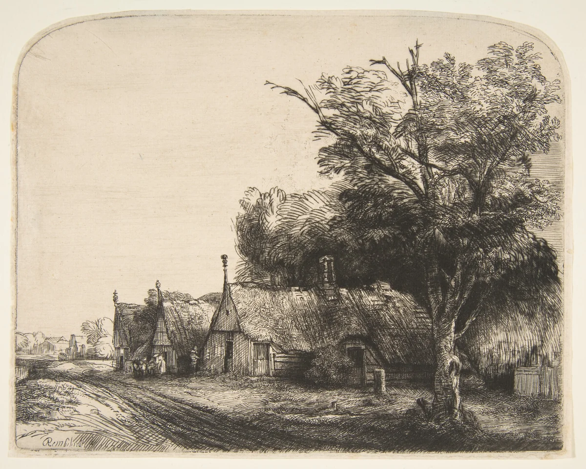Landscape with Three Gabled Cottages Beside a Road by Rembrandt van Rijn, print, 1650