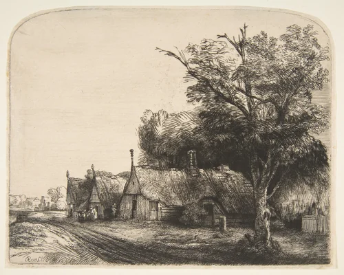 Landscape with Three Gabled Cottages Beside a Road by Rembrandt van Rijn, print, 1650