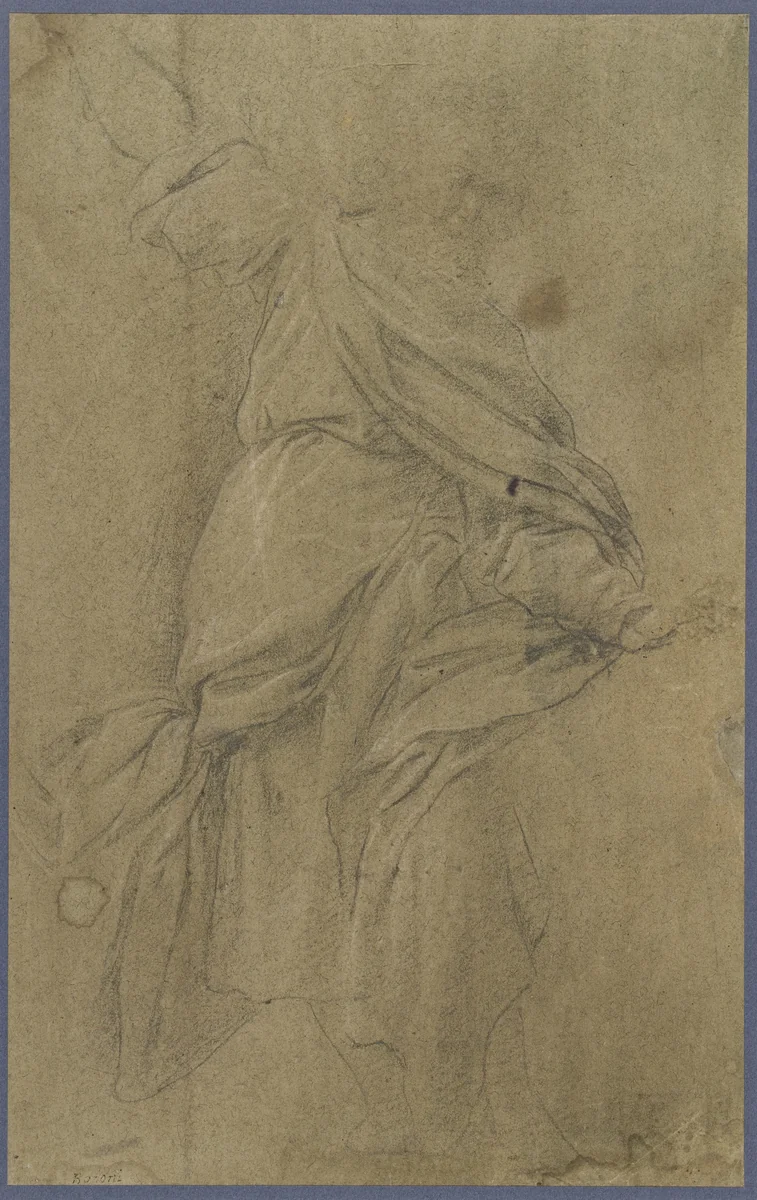 Studie van een grijsaard met opgeheven rechterarm by Carlo Bononi, drawing, 1615-1620