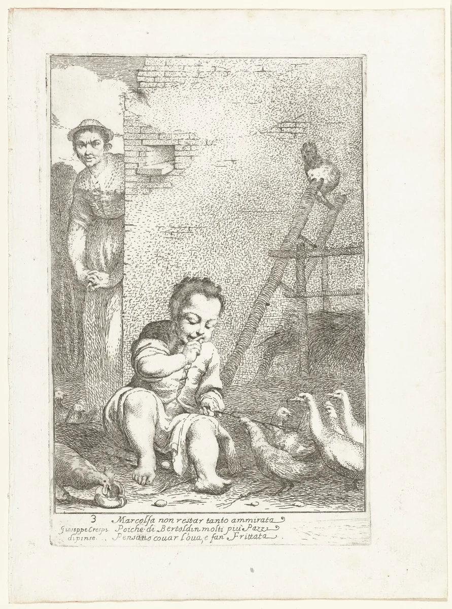 Marcolfa vindt Bertoldino broedend op een ei by Giuseppe Maria Crespi, print, 1710-1715