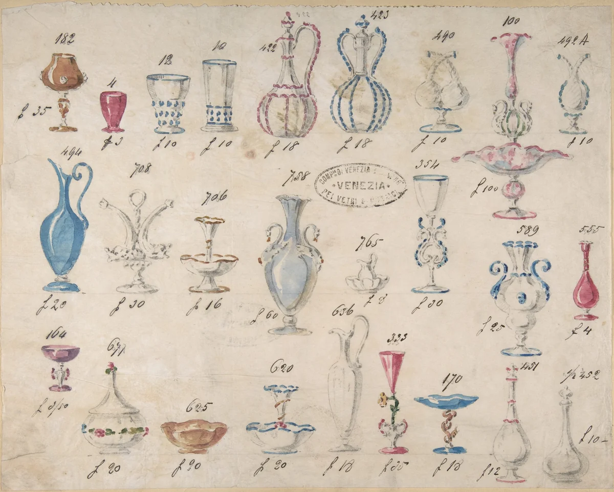 One of Twenty-Three Sheets of Drawings of Glassware (Mirrors, Chandeliers, Goblets, etc.) by Compagnia di Venezia e Murano, drawing, 1850-1880