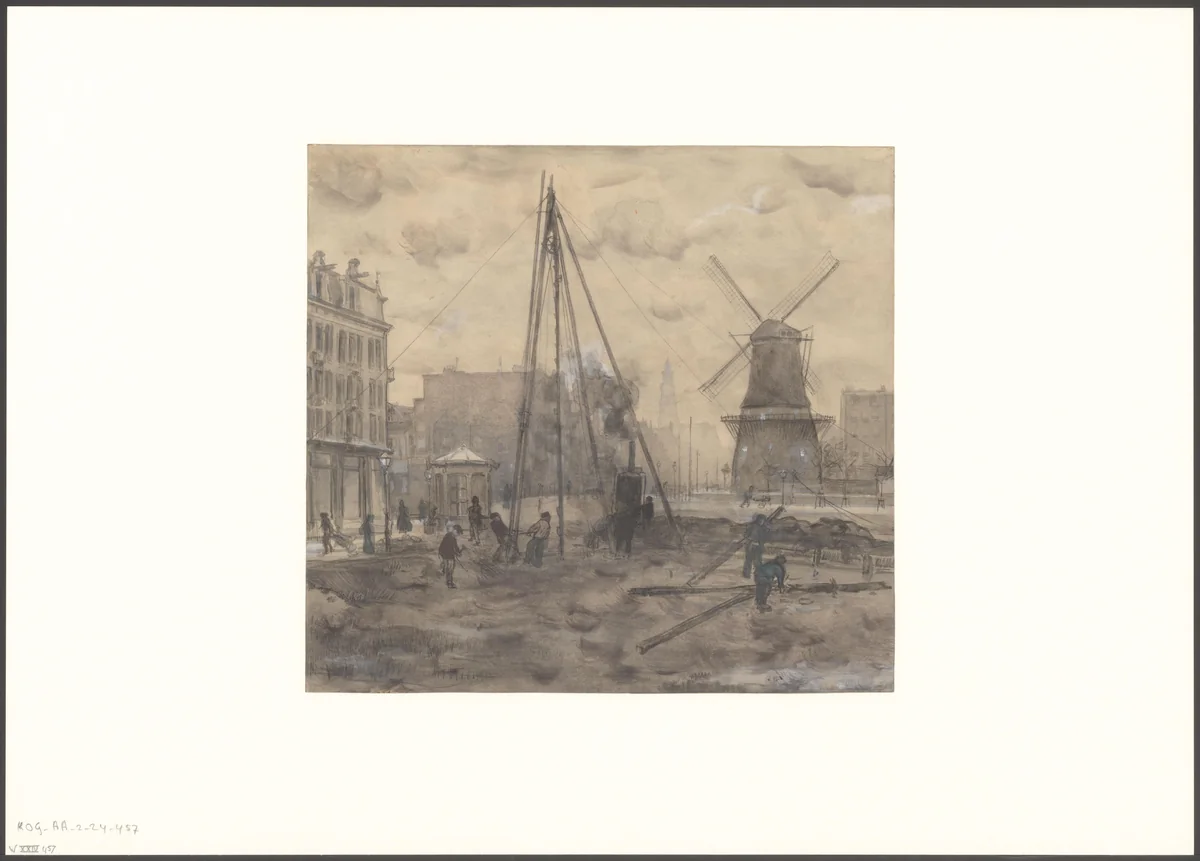 Gezicht op een straat in Amsterdam, mogelijk de Marnixstraat met molen De Victor by anonymous, drawing, 1850-1950