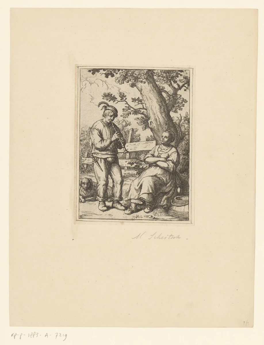 Fluitspelende boer en boerin met hond by Matthias Scheits, print, 1672