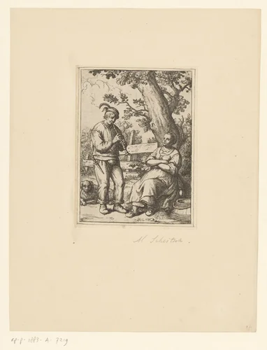 Fluitspelende boer en boerin met hond by Matthias Scheits, print, 1672