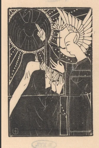 Drie knielende figuren voor gevleugelde man by Mathieu Lauweriks, print, 1895