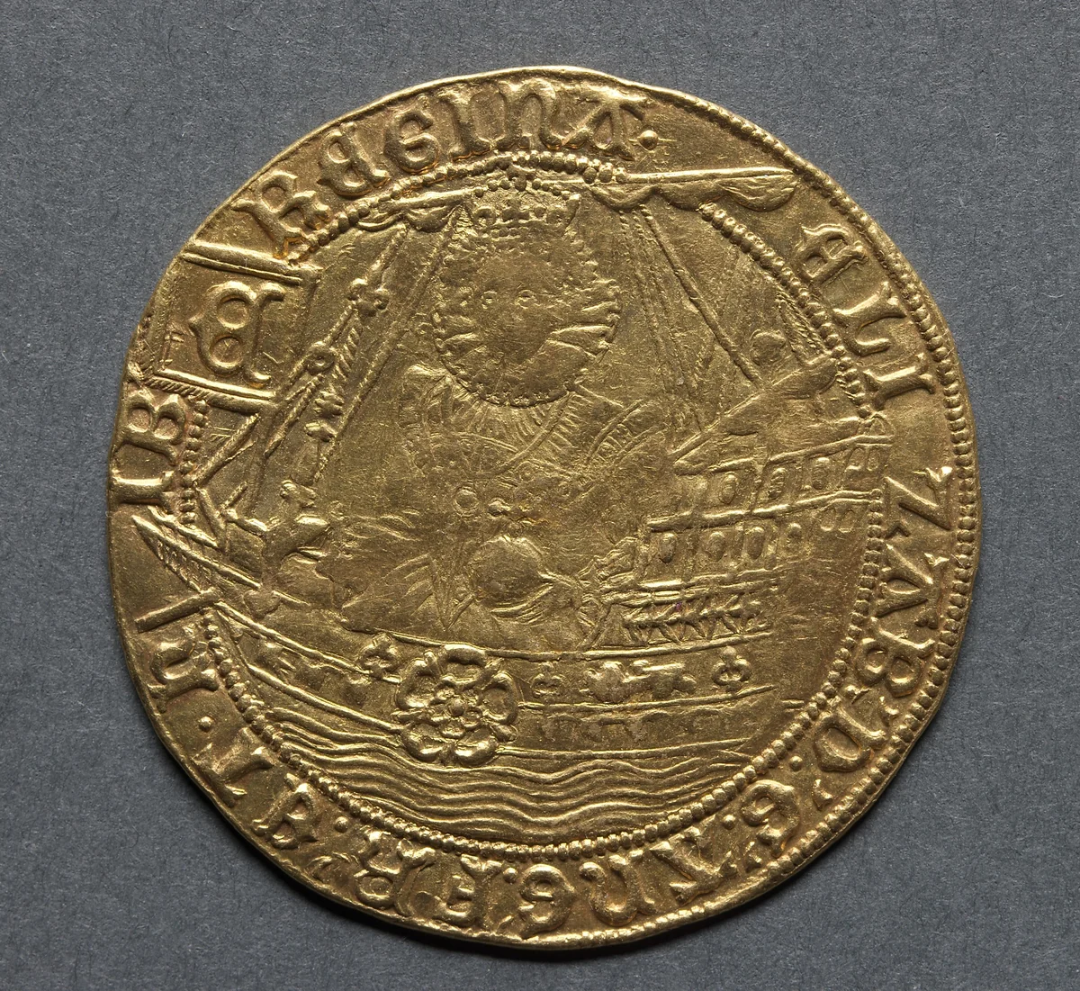 Ryal: Elizabeth I in Ship (obverse) by Unknown, metalwork, 1583-1585