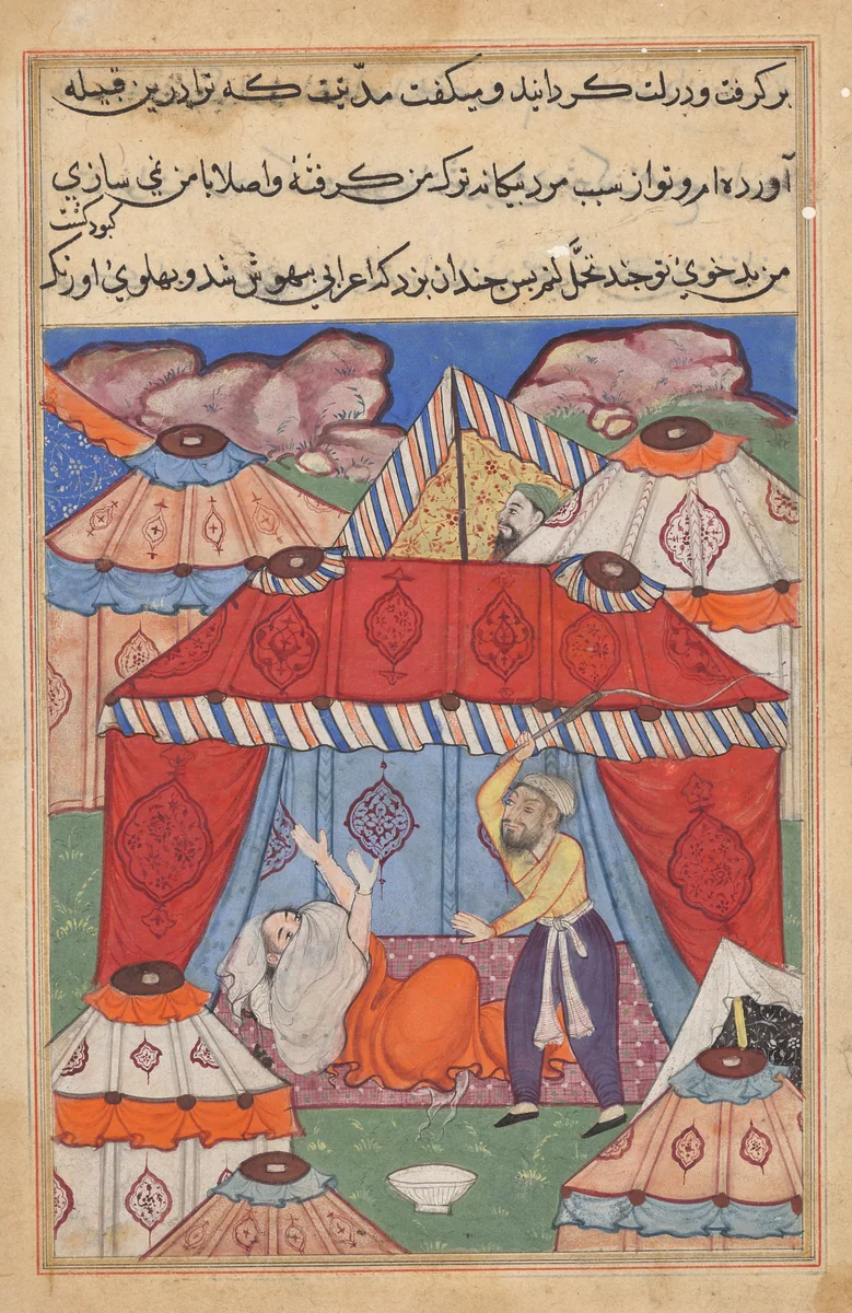 The disguised Arab, substituting for Habbaza, is whipped by her husband for refusing a bowl of milk, from a Tuti-nama (Tales of a Parrot): Twenty-fourth Night by Unknown, painting, 1555-1565