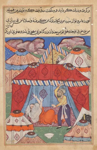 The disguised Arab, substituting for Habbaza, is whipped by her husband for refusing a bowl of milk, from a Tuti-nama (Tales of a Parrot): Twenty-fourth Night by Unknown, painting, 1555-1565