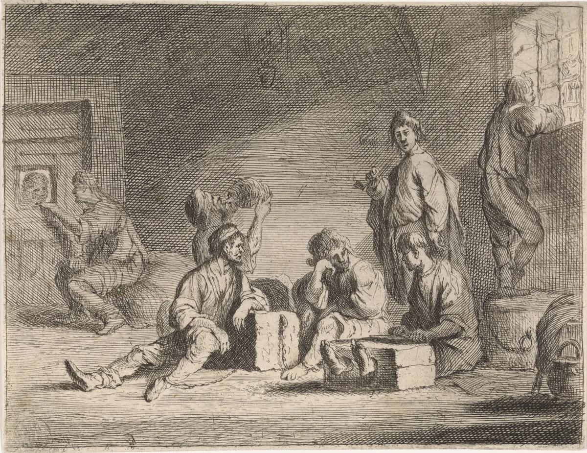 Gevangenen in kerker by Cornelis de Wael, print, 1630-1648