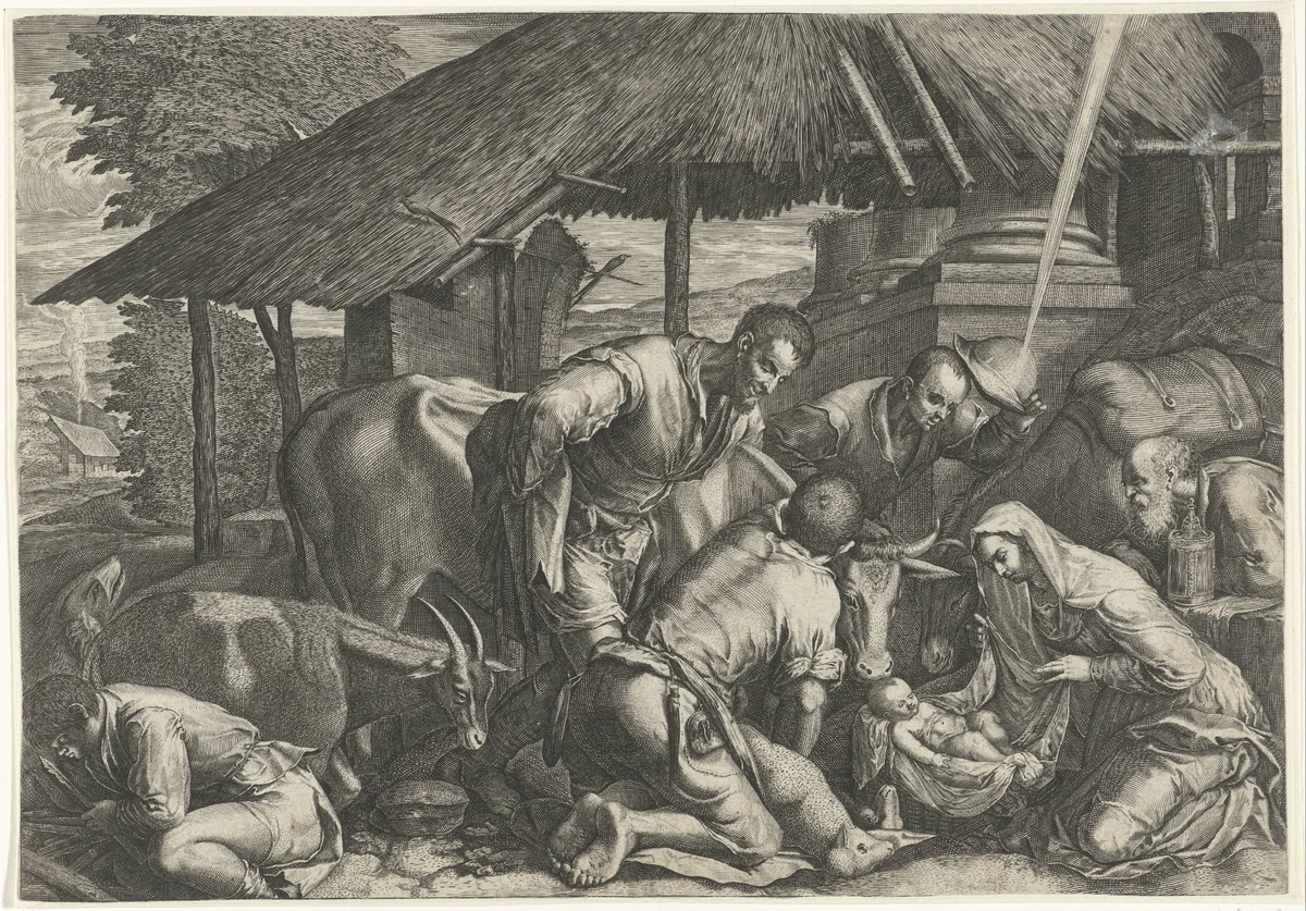 Aanbidding der herders met slapende herdersjongen by anonymous, print, 1599-1650