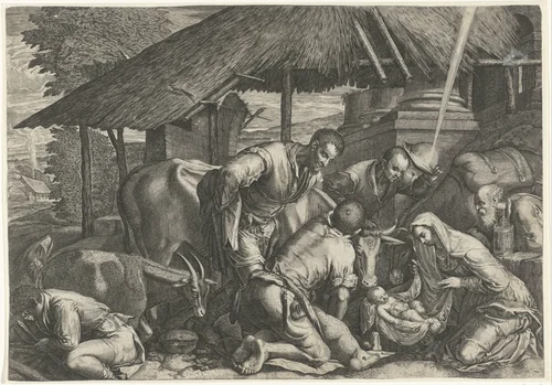 Aanbidding der herders met slapende herdersjongen by anonymous, print, 1599-1650