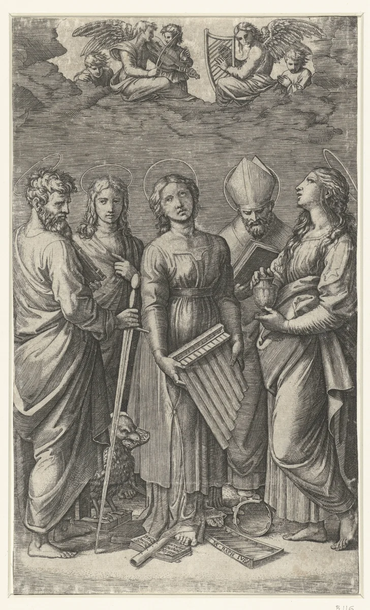 Heilige Cecilia met muziekinstrumenten omringd door vier heiligen by Unknown, print, 1515-1516