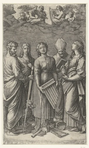 Heilige Cecilia met muziekinstrumenten omringd door vier heiligen by Unknown, print, 1515-1516