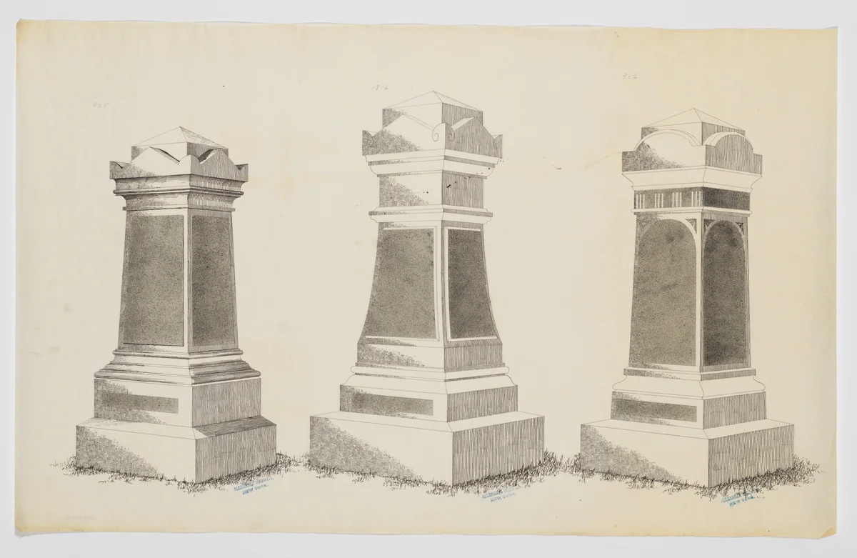 Grave Monument Designs, Three Short Pillars, Nos. 925, 1316, 956 by Alexander Maxwell, drawing, 1840-1880