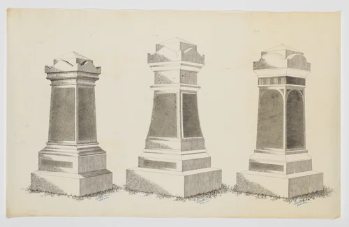 Grave Monument Designs, Three Short Pillars, Nos. 925, 1316, 956 by Alexander Maxwell, drawing, 1840-1880