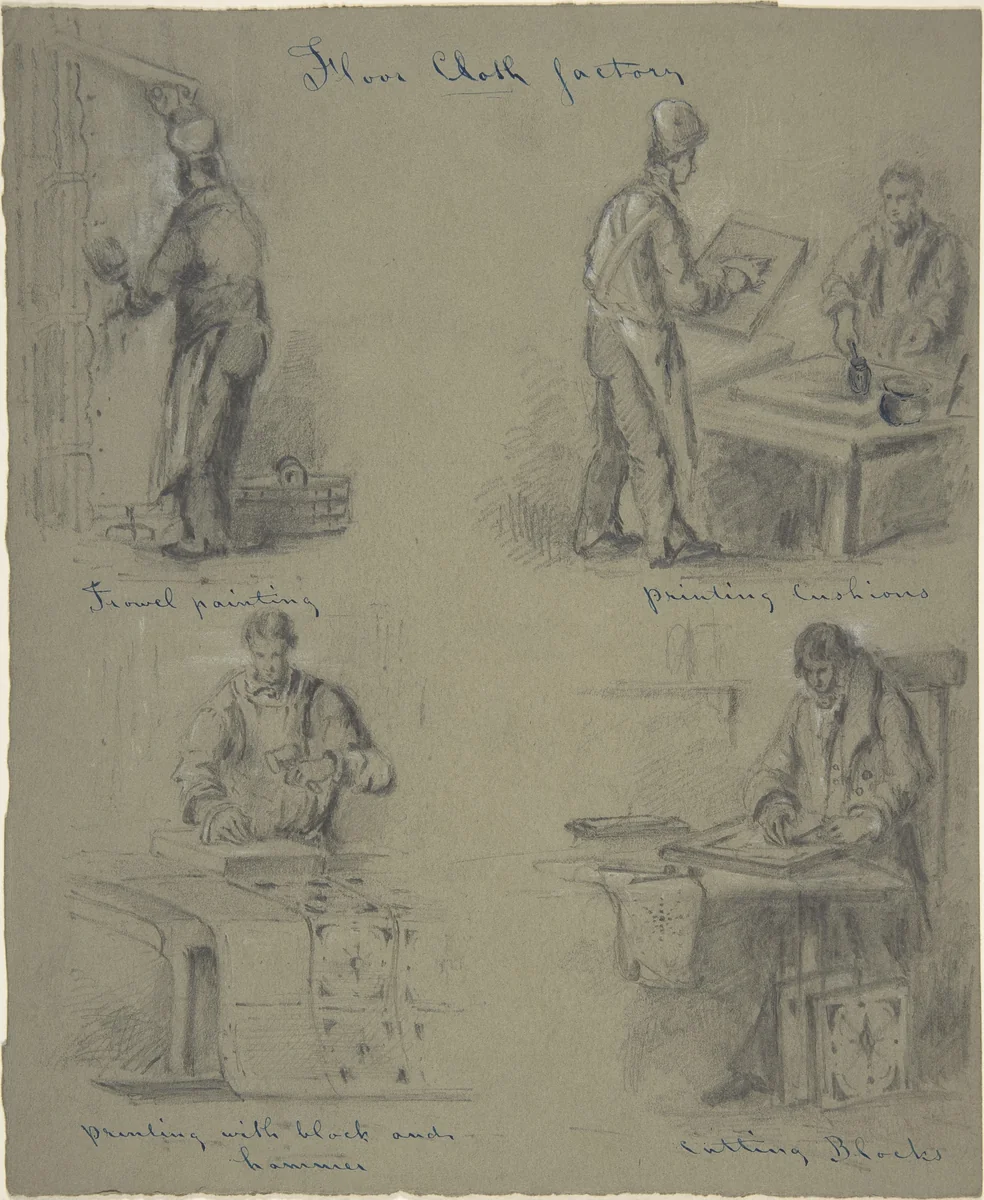 Four drawings showing the manufacture of floor cloth by anonymous, drawing, 1800-1900