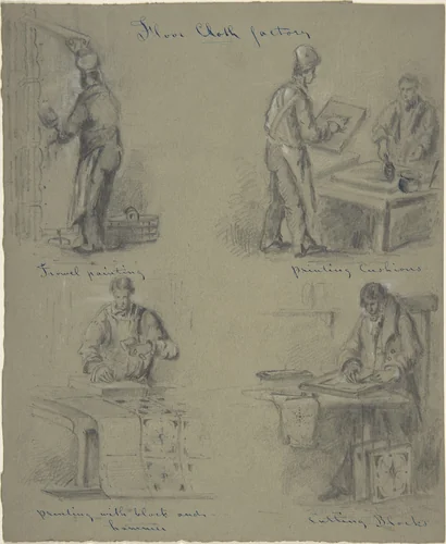 Four drawings showing the manufacture of floor cloth by anonymous, drawing, 1800-1900