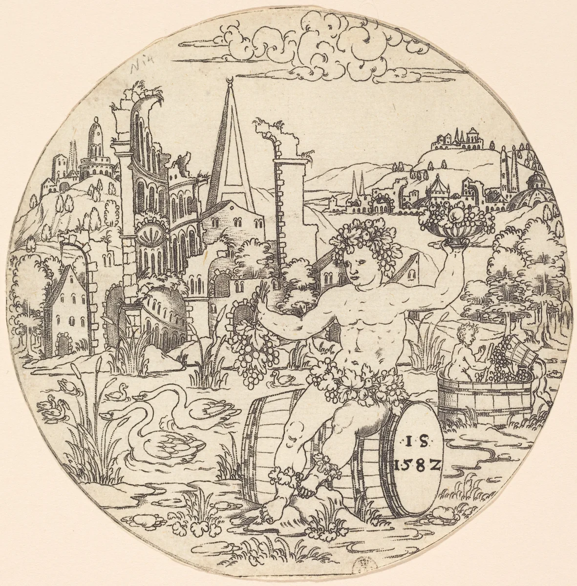 Bacchus Seated on a Barrel and Holding Grapes by Jonas Silber, print, 1582