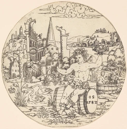 Bacchus Seated on a Barrel and Holding Grapes by Jonas Silber, print, 1582