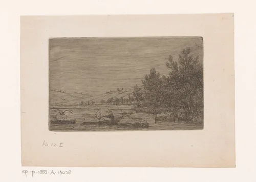Oevers van de Amblève bij Targnon by Jean Pierre François Lamorinière, print, 1838-1888