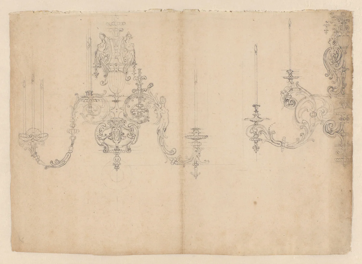 Ontwerp voor een kroonluchter met drie vrouwenfiguren en een kwabmasker by anonymous, drawing, 1650-1675