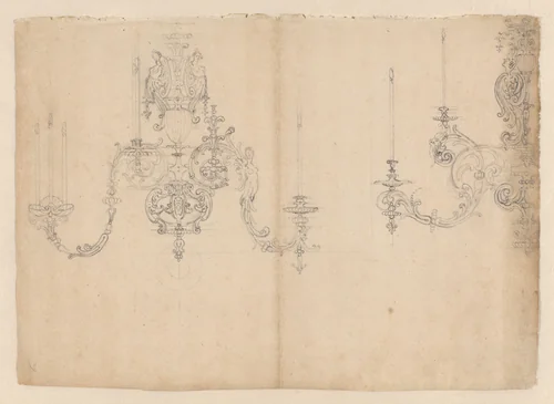 Ontwerp voor een kroonluchter met drie vrouwenfiguren en een kwabmasker by anonymous, drawing, 1650-1675