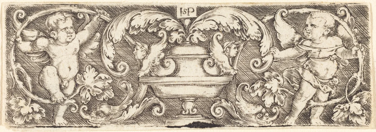 Ornament with a Vase Between Two Genii by Sebald Beham, print, 1525-1530